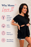 Mom wearing a black ruffle nursing tee made with 100% cotton and designed with hidden breastfeeding access. 