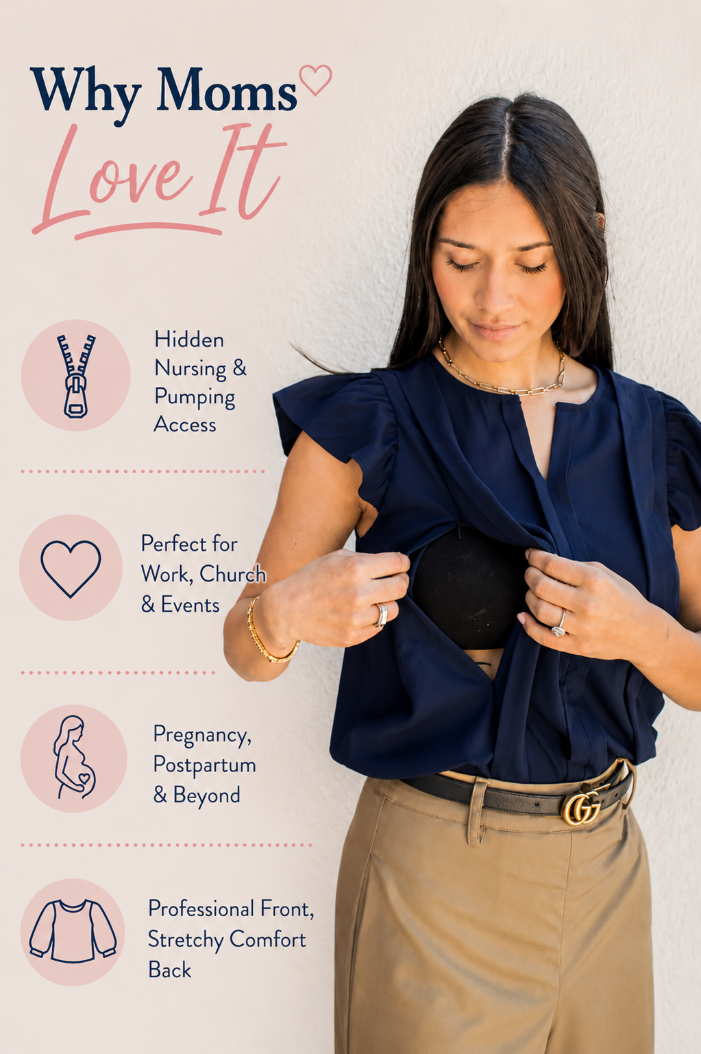 Mom wearing dressy work blouse for breastfeeding with hidden pumping access for work.
