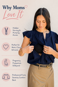 Mom wearing dressy work blouse for breastfeeding with hidden pumping access for work.