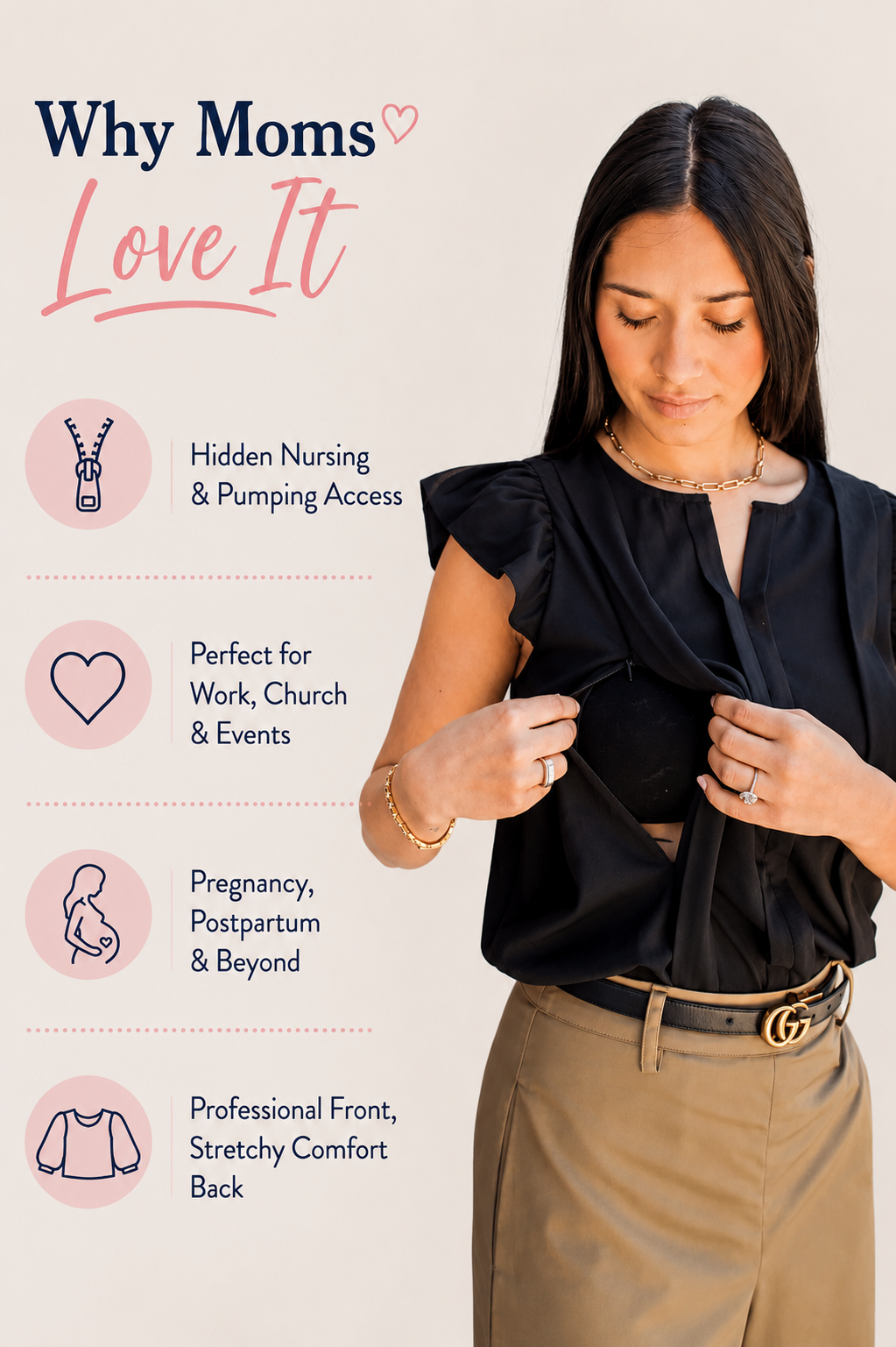 Woman wearing a black nursing and pumping blouse, showing how the hidden access works for breastfeeding on the go or at work. 