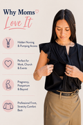 Woman wearing a black nursing and pumping blouse, showing how the hidden access works for breastfeeding on the go or at work. 
