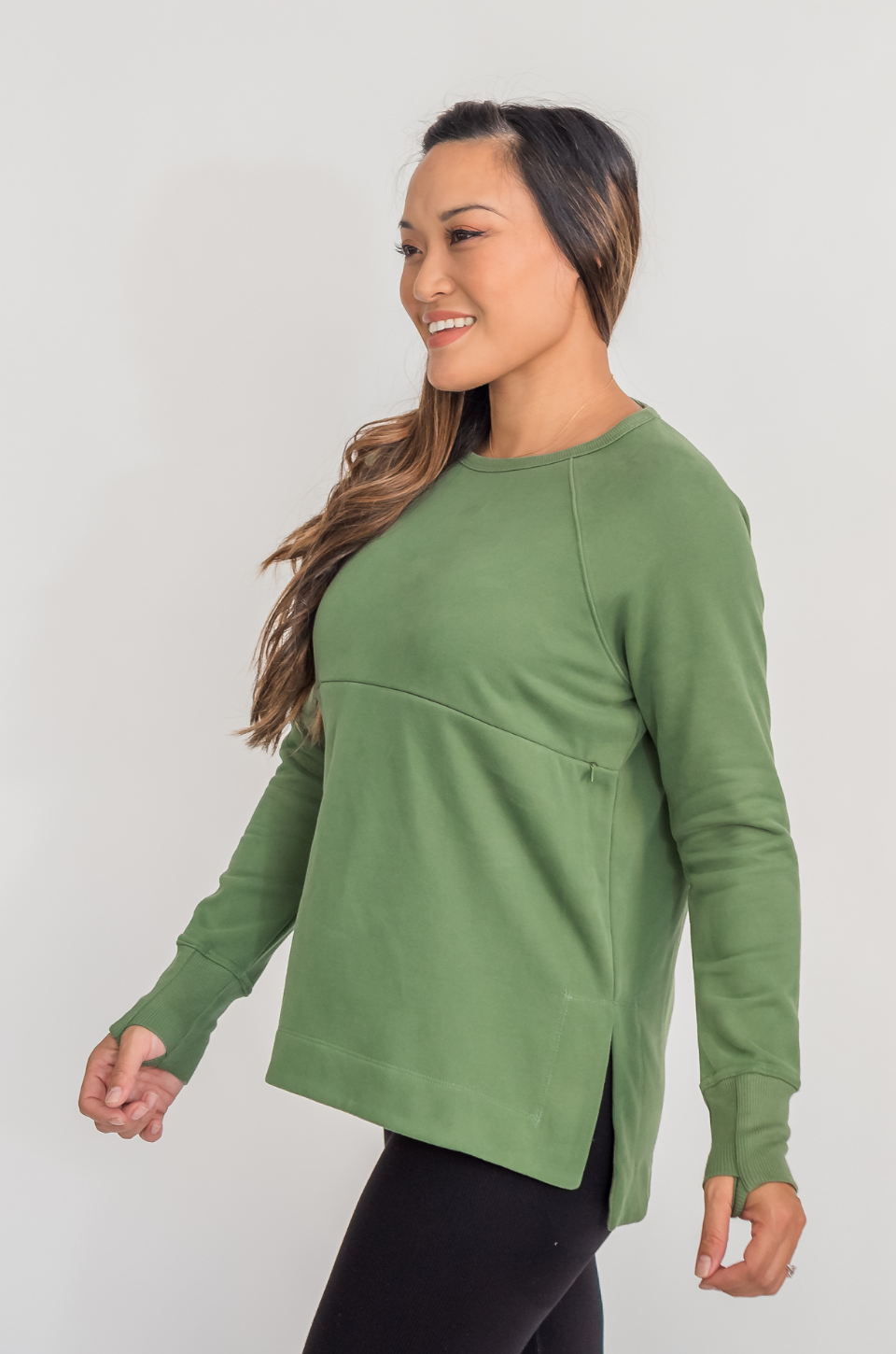 Green nursing and pumping sweatshirt for new moms