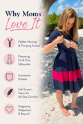 Navy and pink striped nursing dress with hidden nursing access, pockets, soft stretch fabric, and flattering fit-and-flare silhouette for breastfeeding moms.