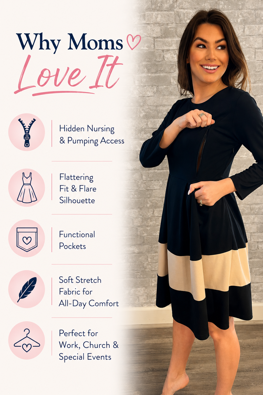 Fit and Flare Black Dress - Tan Stripe