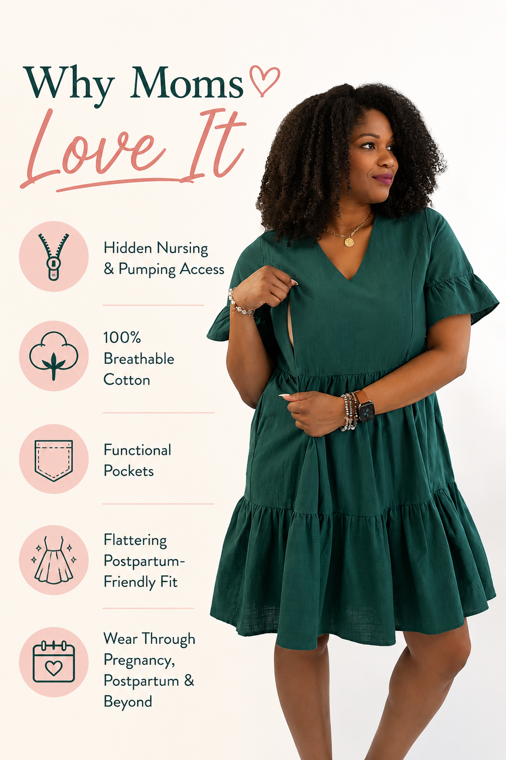 Green cotton nursing dress with hidden nursing and pumping access, functional pockets, and a flattering postpartum-friendly fit. Designed for breastfeeding, and everyday wear.