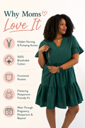 Green cotton nursing dress with hidden nursing and pumping access, functional pockets, and a flattering postpartum-friendly fit. Designed for breastfeeding, and everyday wear.