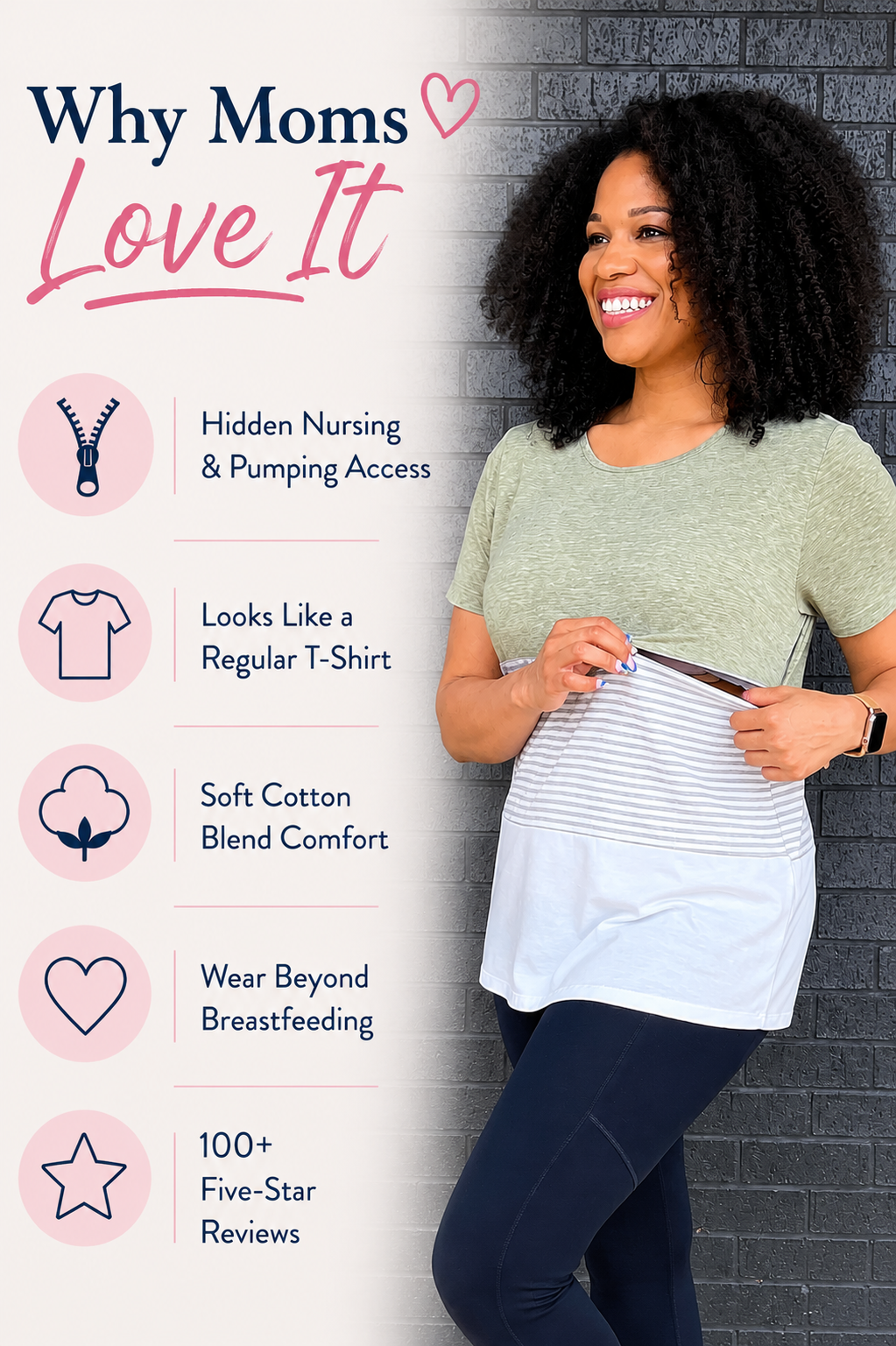 Breastfeeding green colorblock nursing T-shirt with hidden nursing and pumping access, soft cotton blend comfort, regular T-shirt styling, and wear beyond breastfeeding. Nursing Queen feature graphic with 100+ five-star reviews.