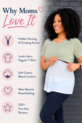 Breastfeeding green colorblock nursing T-shirt with hidden nursing and pumping access, soft cotton blend comfort, regular T-shirt styling, and wear beyond breastfeeding. Nursing Queen feature graphic with 100+ five-star reviews.