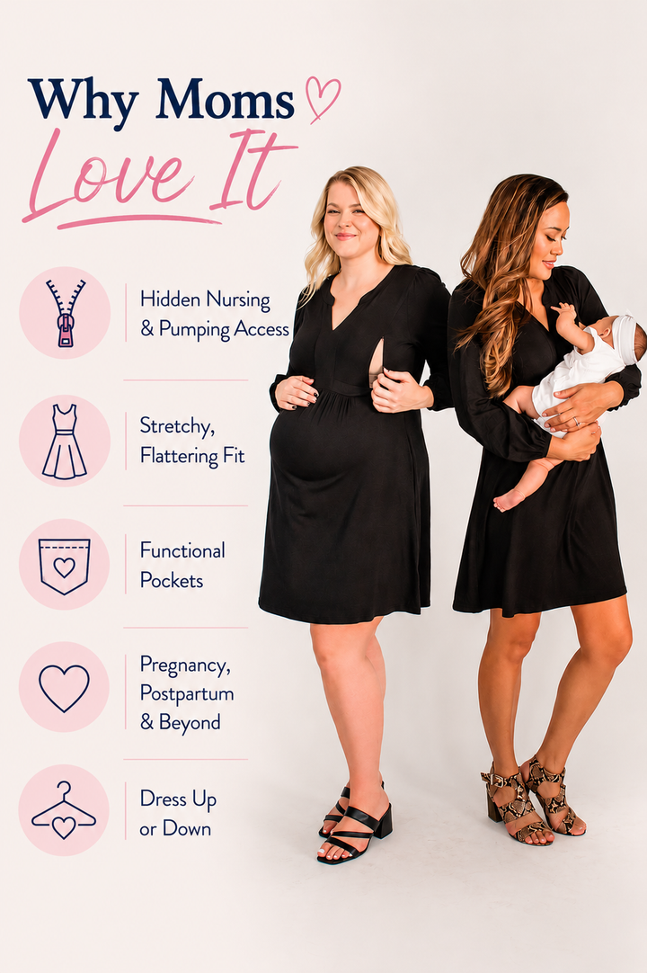 Breastfeeding black long sleeve nursing dress with hidden nursing and pumping access, functional pockets, stretchy postpartum-friendly fit, and versatile styling for pregnancy, postpartum, work, church, and everyday wear. 