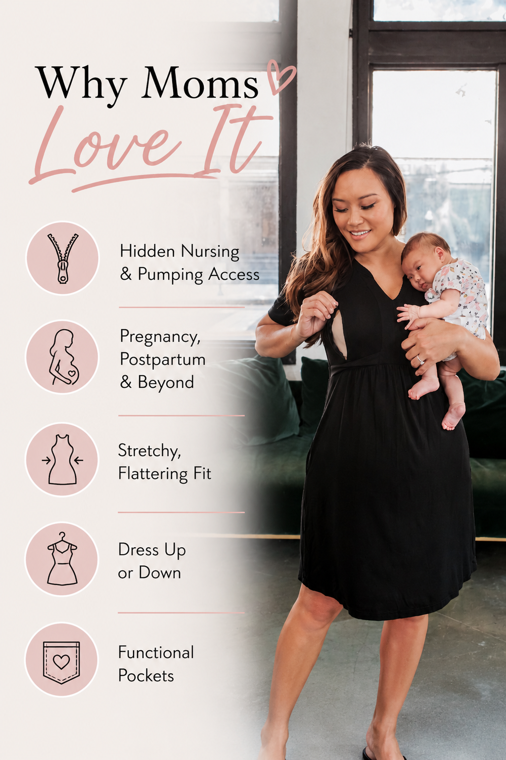Mom holding her baby while demonstrating hidden nursing and pumping access in a black nursing dress featuring a stretchy flattering fit, functional pockets, and a versatile design made for pregnancy, postpartum, breastfeeding, and beyond.