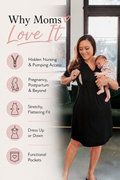 Mom holding her baby while demonstrating hidden nursing and pumping access in a black nursing dress featuring a stretchy flattering fit, functional pockets, and a versatile design made for pregnancy, postpartum, breastfeeding, and beyond.