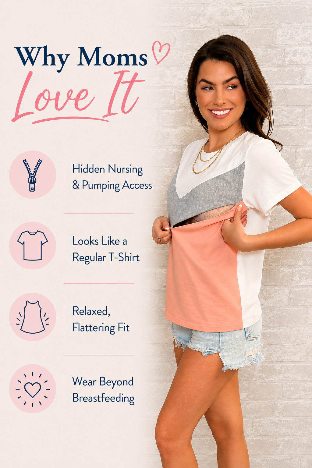 Chevron colorblock nursing T-shirt with hidden nursing and pumping access, relaxed fit, and everyday style for breastfeeding moms.