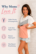 Chevron colorblock nursing T-shirt with hidden nursing and pumping access, relaxed fit, and everyday style for breastfeeding moms.