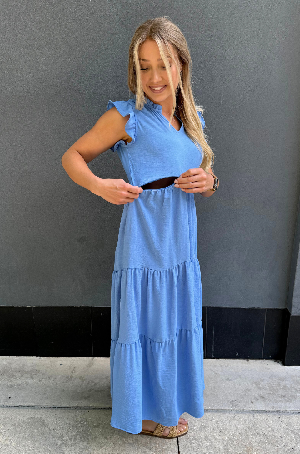 Blue Nursing Queen tiered midi dress with ruffle sleeves, discreet nursing access, and flowy postpartum-friendly silhouette with pockets