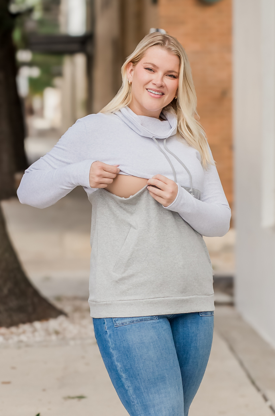 Gray breastfeeding hoodie with zipper access