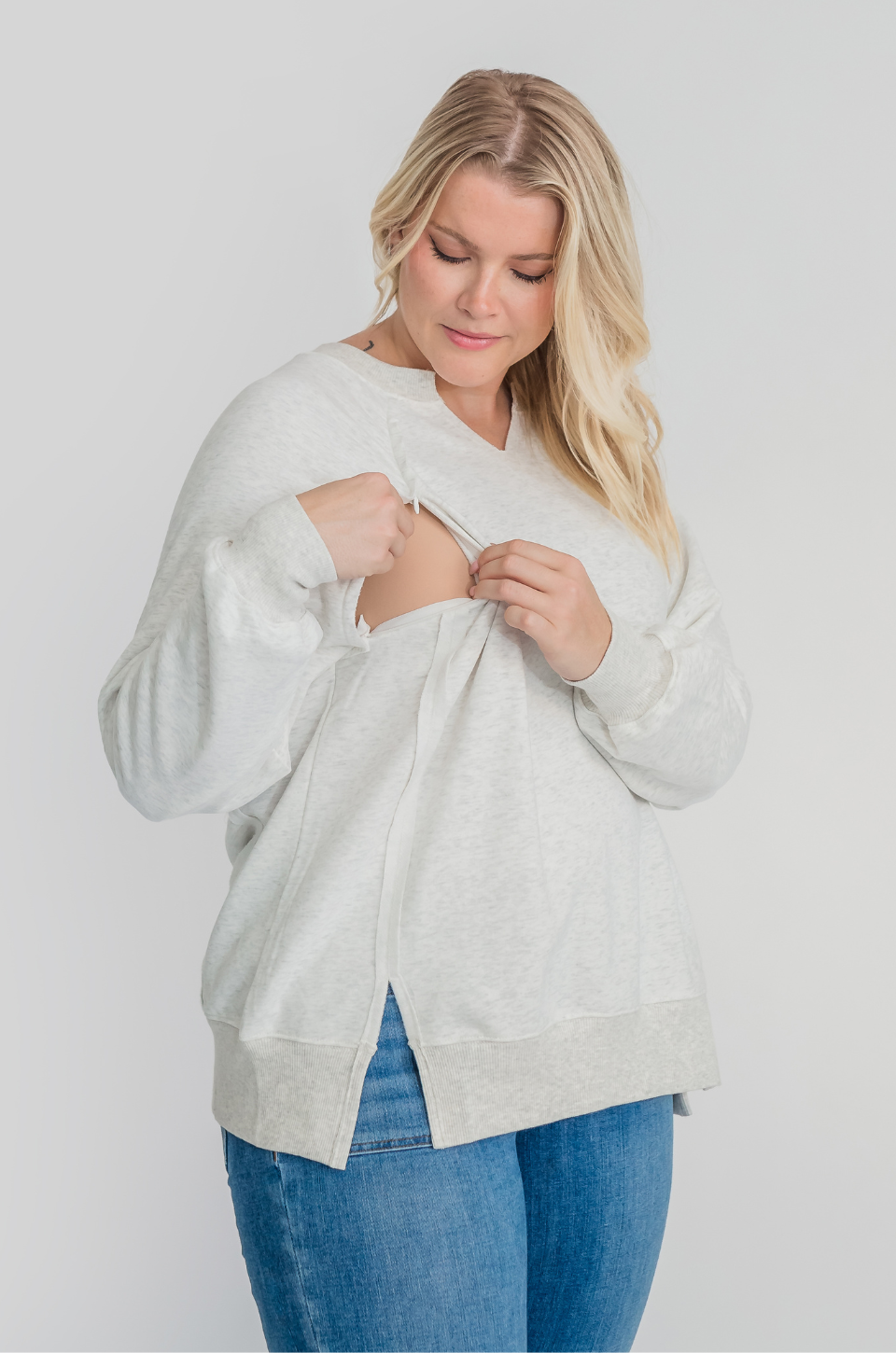 light gray oversized nursing sweatshirt