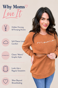 Nursing Queen Mama nursing sweatshirt feature graphic highlighting hidden nursing and pumping access, soft fleece-lined comfort, classic Mama graphic style, regular sweatshirt appearance, and wear beyond breastfeeding. Breastfeeding sweatshirt designed for nursing and pumping moms who want discreet access, everyday comfort, and stylish clothing they can wear long after breastfeeding.