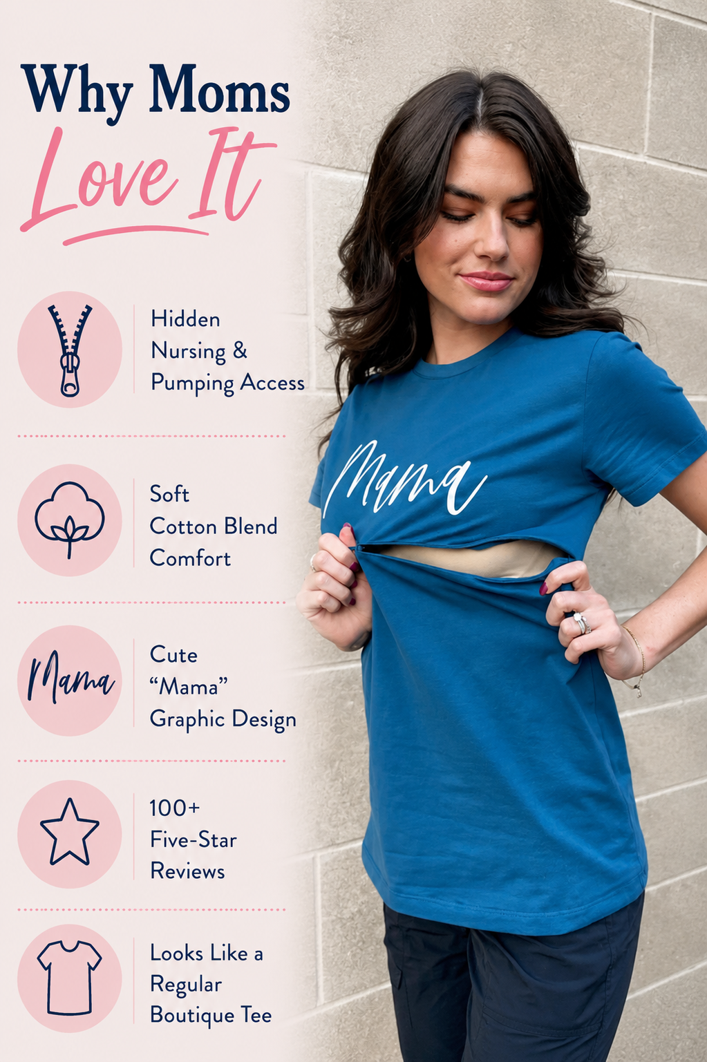 Blue Mama nursing t-shirt with hidden nursing and pumping access, soft cotton blend fabric, and a stylish graphic design that looks like a regular boutique tee for breastfeeding moms.