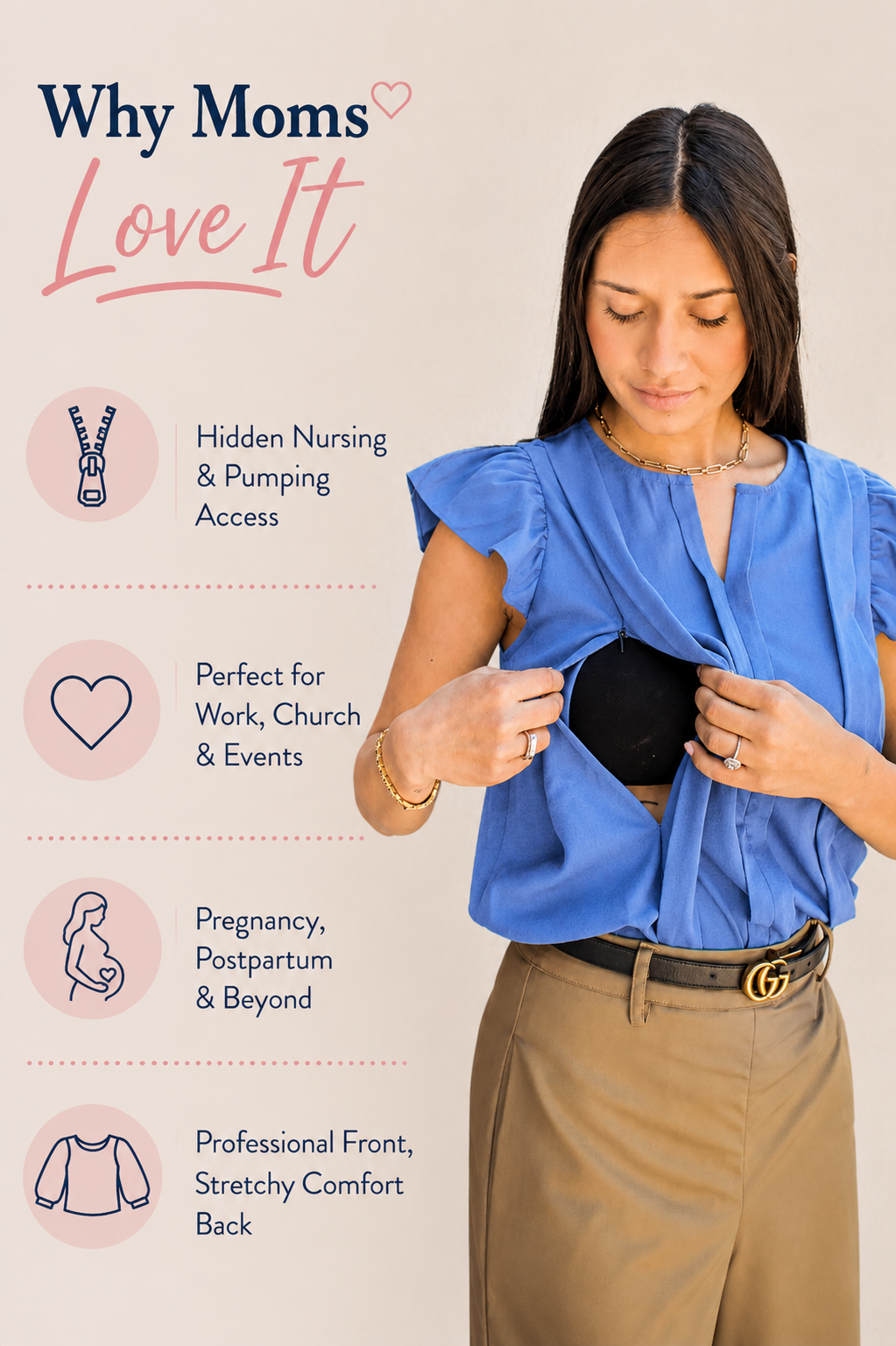 Mom wearing a dressy work blouse with hidden breastfeeding access for pumping at work or nursing on the go. 