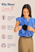 Mom wearing a dressy work blouse with hidden breastfeeding access for pumping at work or nursing on the go. 
