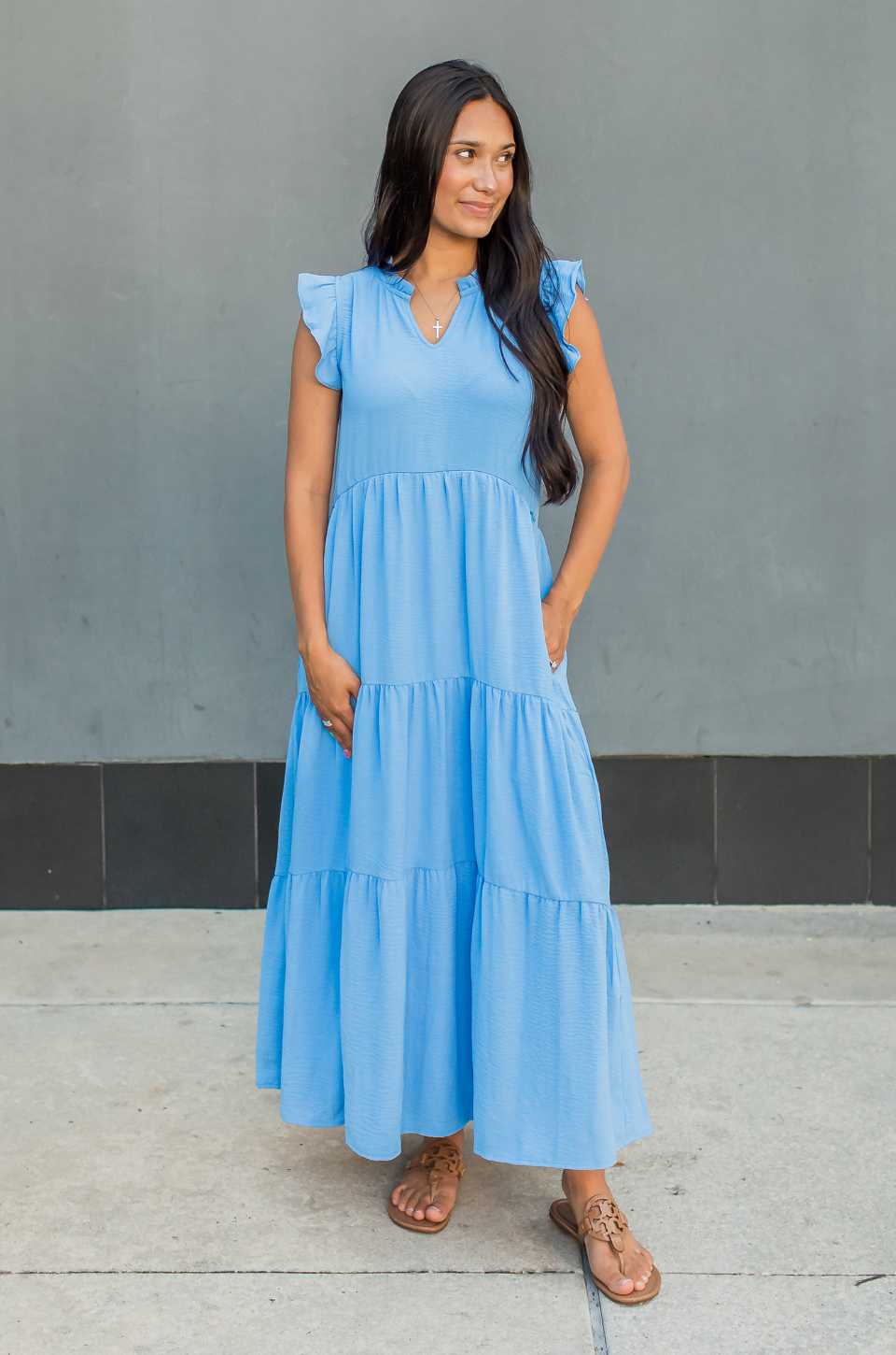 Tiered Nursing Midi Dress With Ruffle Sleeves - Blue
