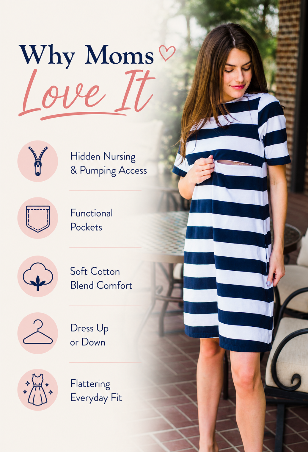 Mom wearing a navy and white striped nursing dress with hidden zipper nursing and pumping access. Graphic highlights key features including discreet breastfeeding access, functional pockets, soft cotton blend fabric, flattering everyday fit, and versatile styling. Comfortable breastfeeding dress for nursing moms, pumping at work, postpartum recovery, travel, errands, and everyday wear beyond breastfeeding.