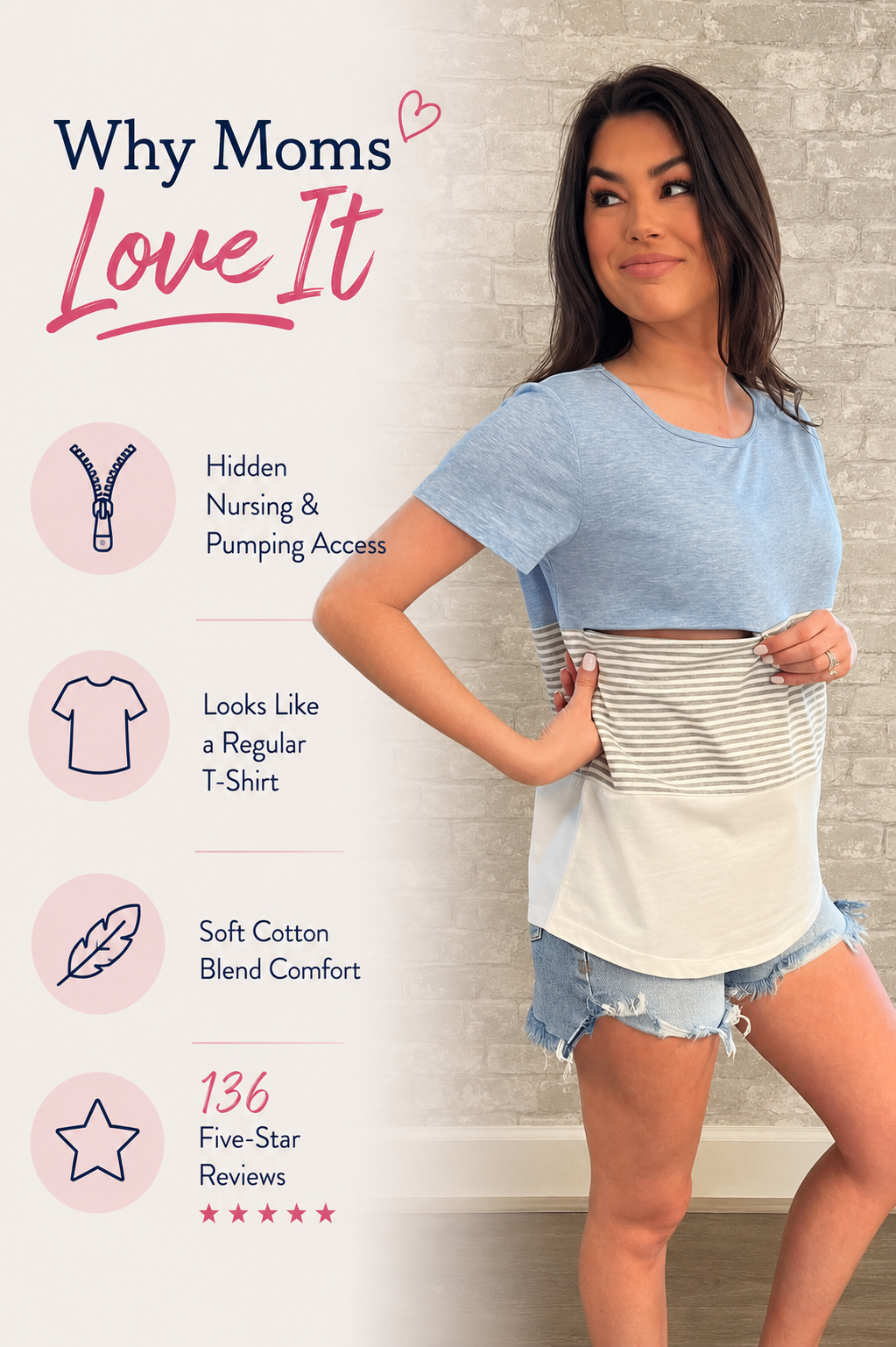 Nursing Queen blue colorblock nursing t-shirt graphic highlighting hidden nursing and pumping access, looks like a regular t-shirt, soft cotton blend comfort, and 136 five-star reviews for breastfeeding moms.