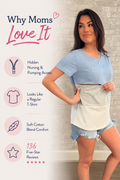 Nursing Queen blue colorblock nursing t-shirt graphic highlighting hidden nursing and pumping access, looks like a regular t-shirt, soft cotton blend comfort, and 136 five-star reviews for breastfeeding moms.