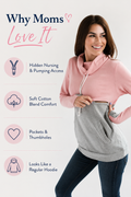 Breastfeeding pink nursing hoodie with hidden nursing and pumping access, soft cotton blend comfort, thumbholes, and front pocket.