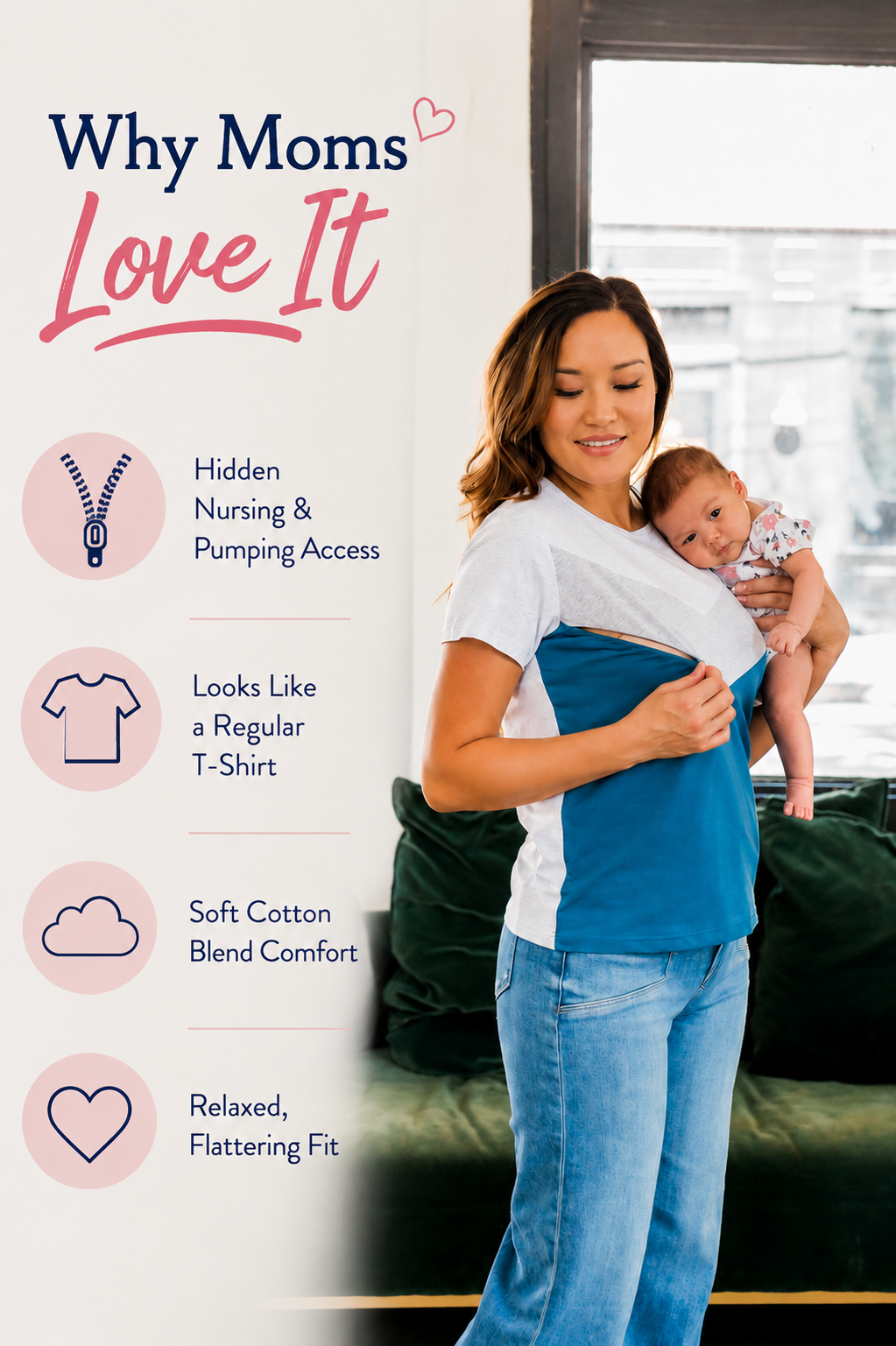 Mom holding a baby, wearing a blue and gray nursing tee with hidden breastfeeding access for nursing and pumping on the go. 