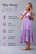 Breastfeeding mom wearing a lavender cotton gauze nursing dress with hidden nursing and pumping access, functional pockets, lightweight breathable fabric, and a design made to wear long after breastfeeding.