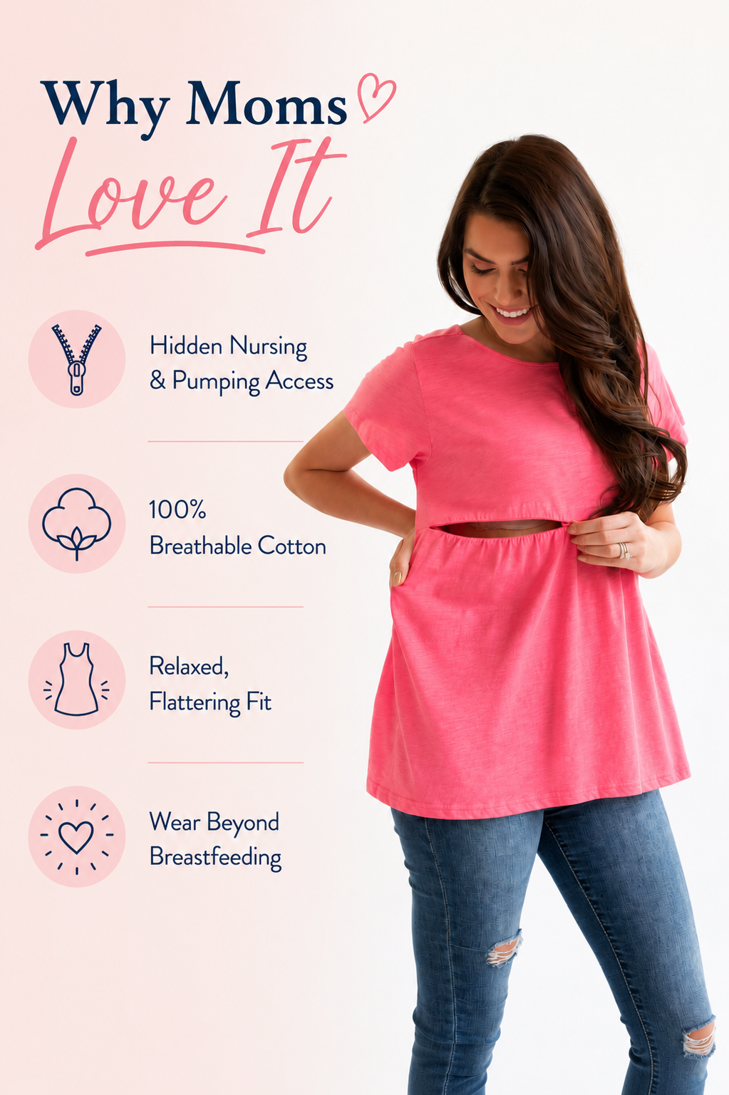 Breastfeeding pink cotton nursing top with hidden nursing and pumping access, breathable 100% cotton fabric, relaxed flattering fit, and versatile wear beyond breastfeeding. 