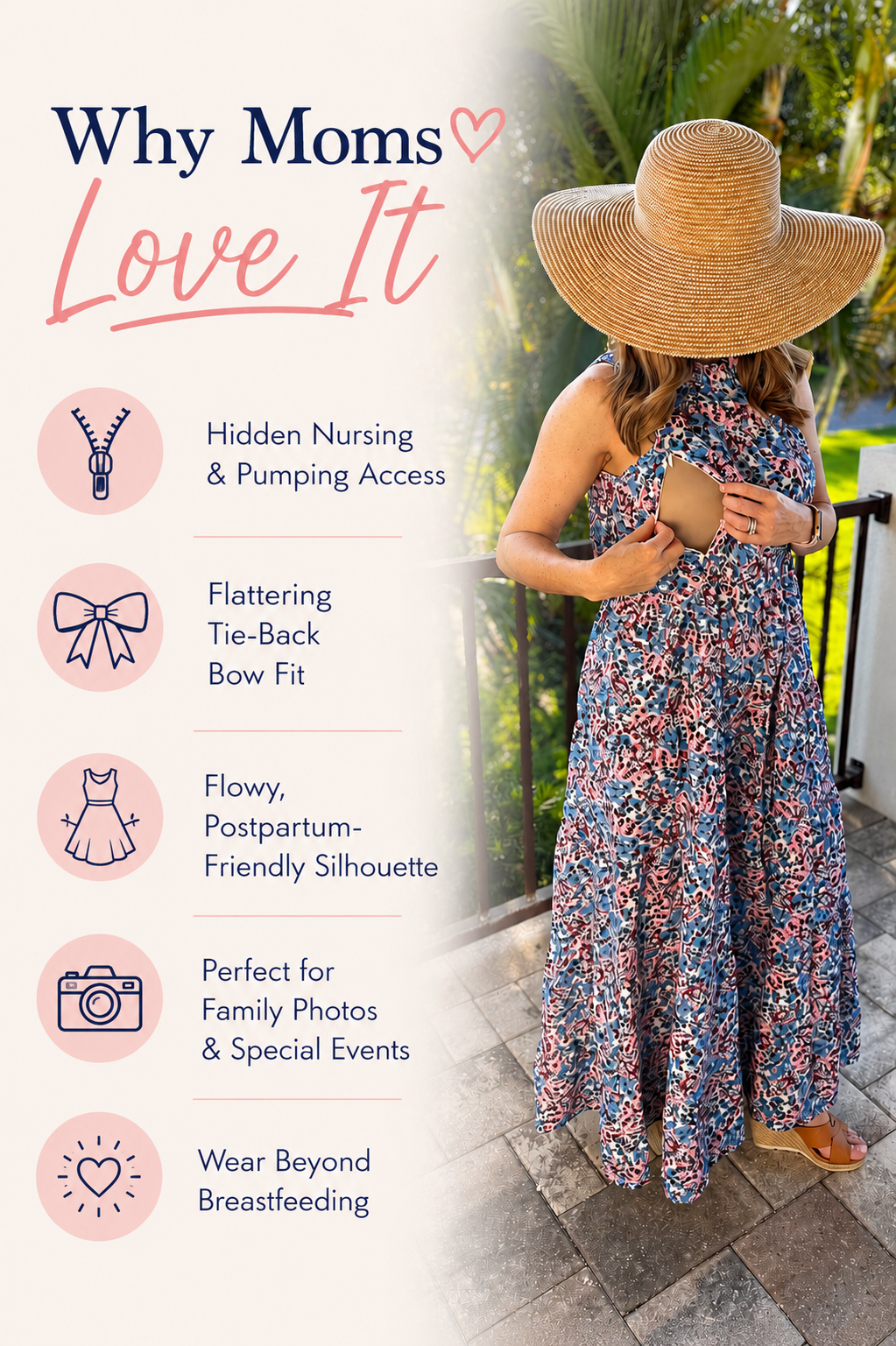 Floral nursing maxi dress with hidden nursing and pumping access, shown with a graphic highlighting key features including hidden breastfeeding access, flattering tie-back bow fit, flowy postpartum-friendly silhouette, perfect for family photos and special events, and wear beyond breastfeeding.