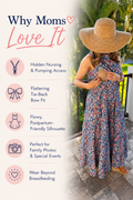 Floral nursing maxi dress with hidden nursing and pumping access, shown with a graphic highlighting key features including hidden breastfeeding access, flattering tie-back bow fit, flowy postpartum-friendly silhouette, perfect for family photos and special events, and wear beyond breastfeeding.