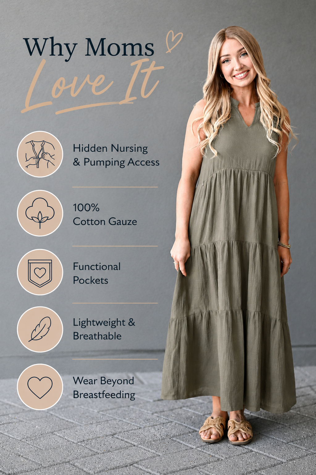 Breastfeeding mom wearing an olive cotton gauze nursing dress with hidden nursing and pumping access, functional pockets, lightweight breathable fabric, and a design made to wear long after breastfeeding.