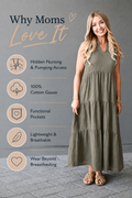 Breastfeeding mom wearing an olive cotton gauze nursing dress with hidden nursing and pumping access, functional pockets, lightweight breathable fabric, and a design made to wear long after breastfeeding.