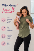 Olive green nursing t-shirt with hidden nursing and pumping access and lift-up flap design, shown by mom holding baby.
