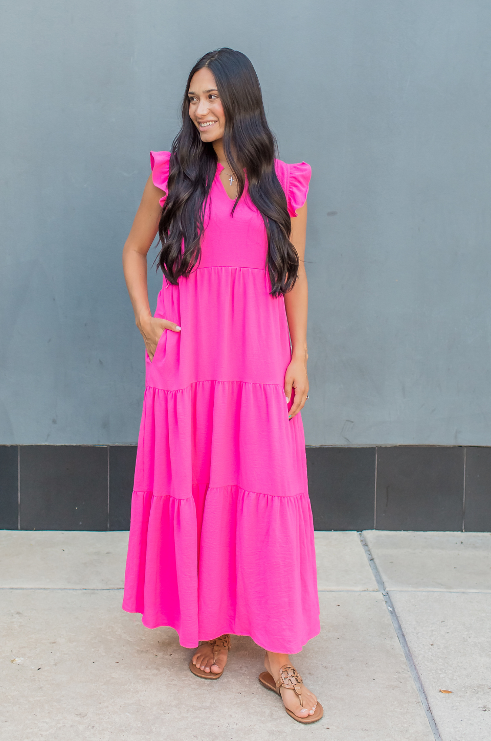 BACKORDER Tiered Nursing Midi Dress With Ruffle Sleeves - Pink