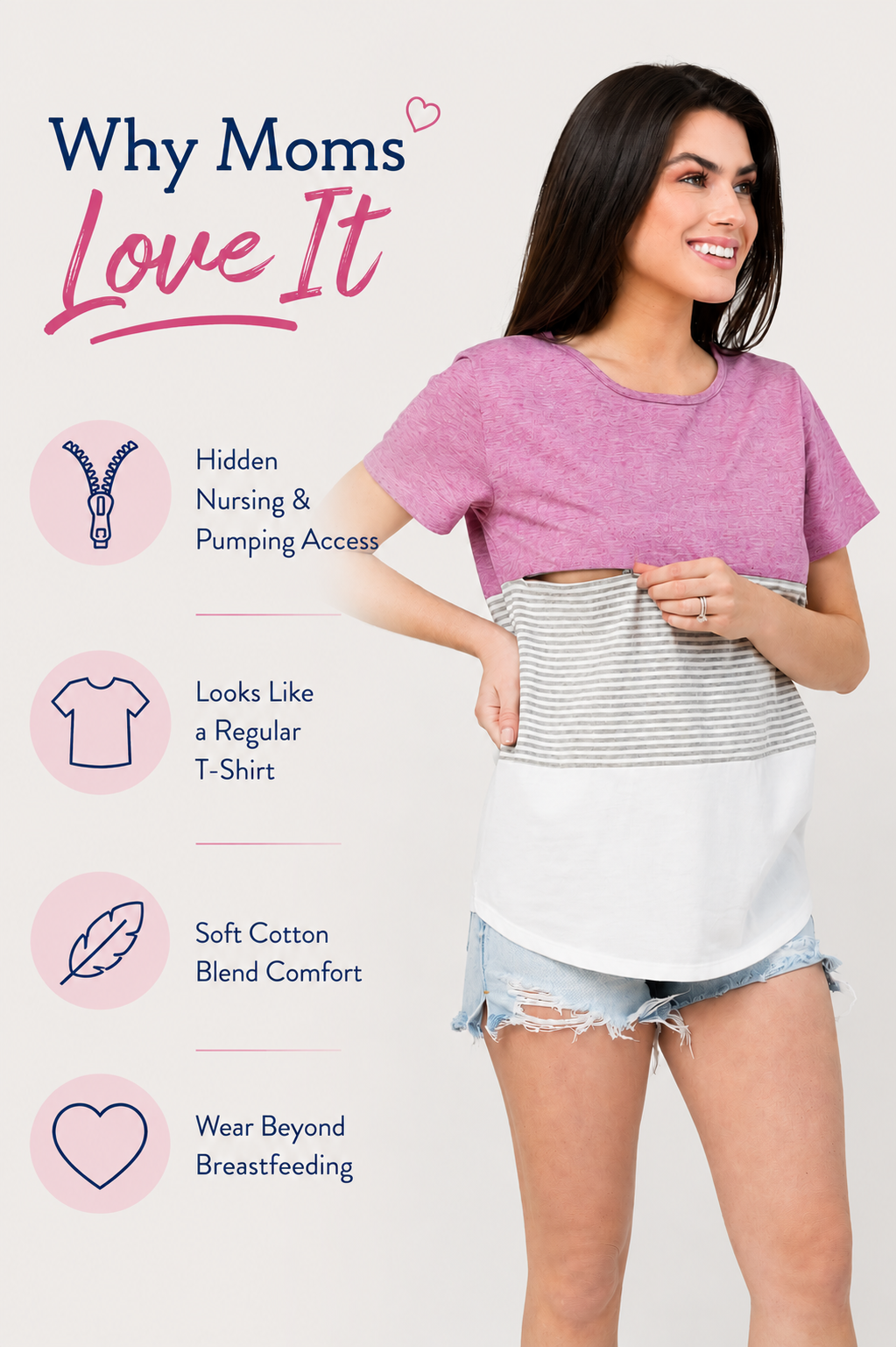 Nursing Queen pink colorblock nursing shirt hidden nursing and pumping access, looks like a regular t-shirt and is made of a  soft cotton blend comfort.