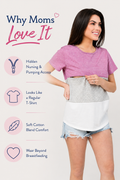 Nursing Queen pink colorblock nursing shirt hidden nursing and pumping access, looks like a regular t-shirt and is made of a  soft cotton blend comfort.