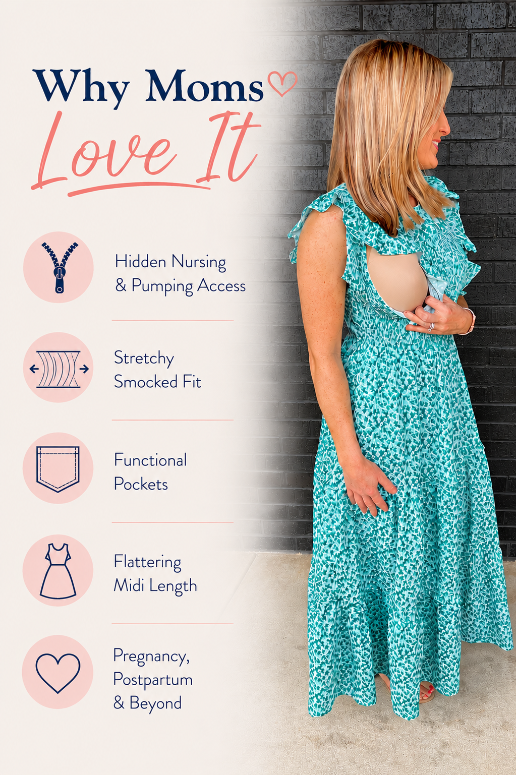 Graphic highlighting the Nursing Queen smocked floral nursing midi dress with hidden nursing and pumping access. Features include hidden breastfeeding access, stretchy smocked fit, functional pockets, flattering midi length, and a pregnancy, postpartum, and beyond fit. Floral breastfeeding dress designed for nursing moms seeking comfortable, stylish nursing clothes with discreet access for breastfeeding.