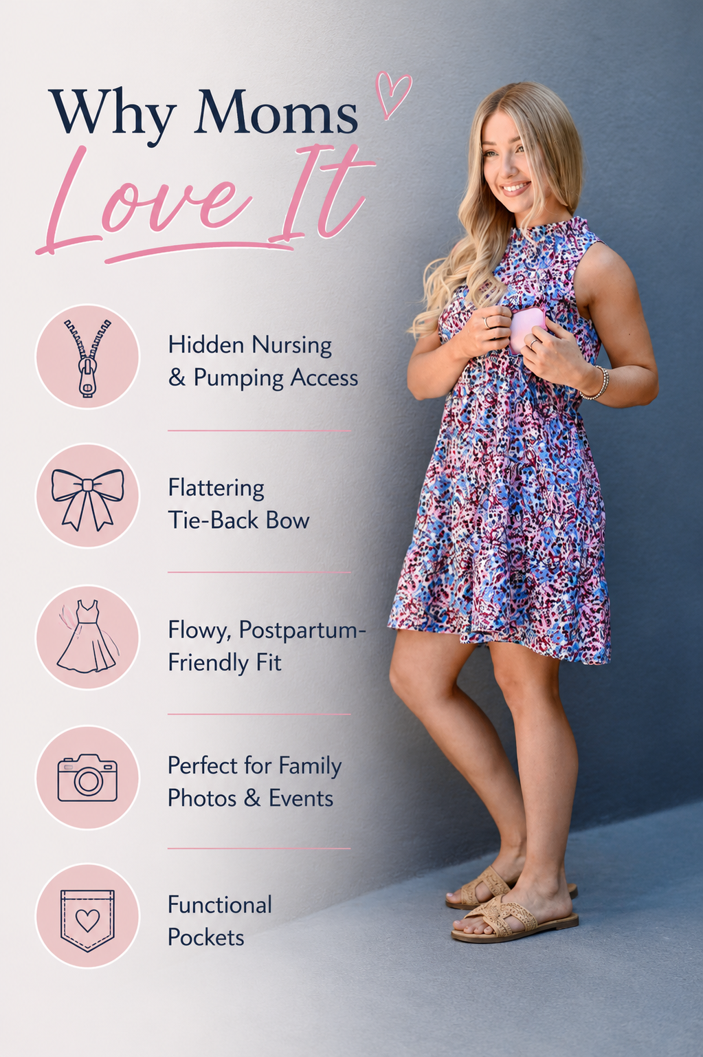 Mom showing hidden nursing and pumping access in a floral nursing dress featuring a flattering tie-back bow, flowy postpartum-friendly fit, functional pockets, and versatile styling for family photos, special occasions, and everyday motherhood.