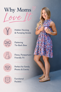 Mom showing hidden nursing and pumping access in a floral nursing dress featuring a flattering tie-back bow, flowy postpartum-friendly fit, functional pockets, and versatile styling for family photos, special occasions, and everyday motherhood.