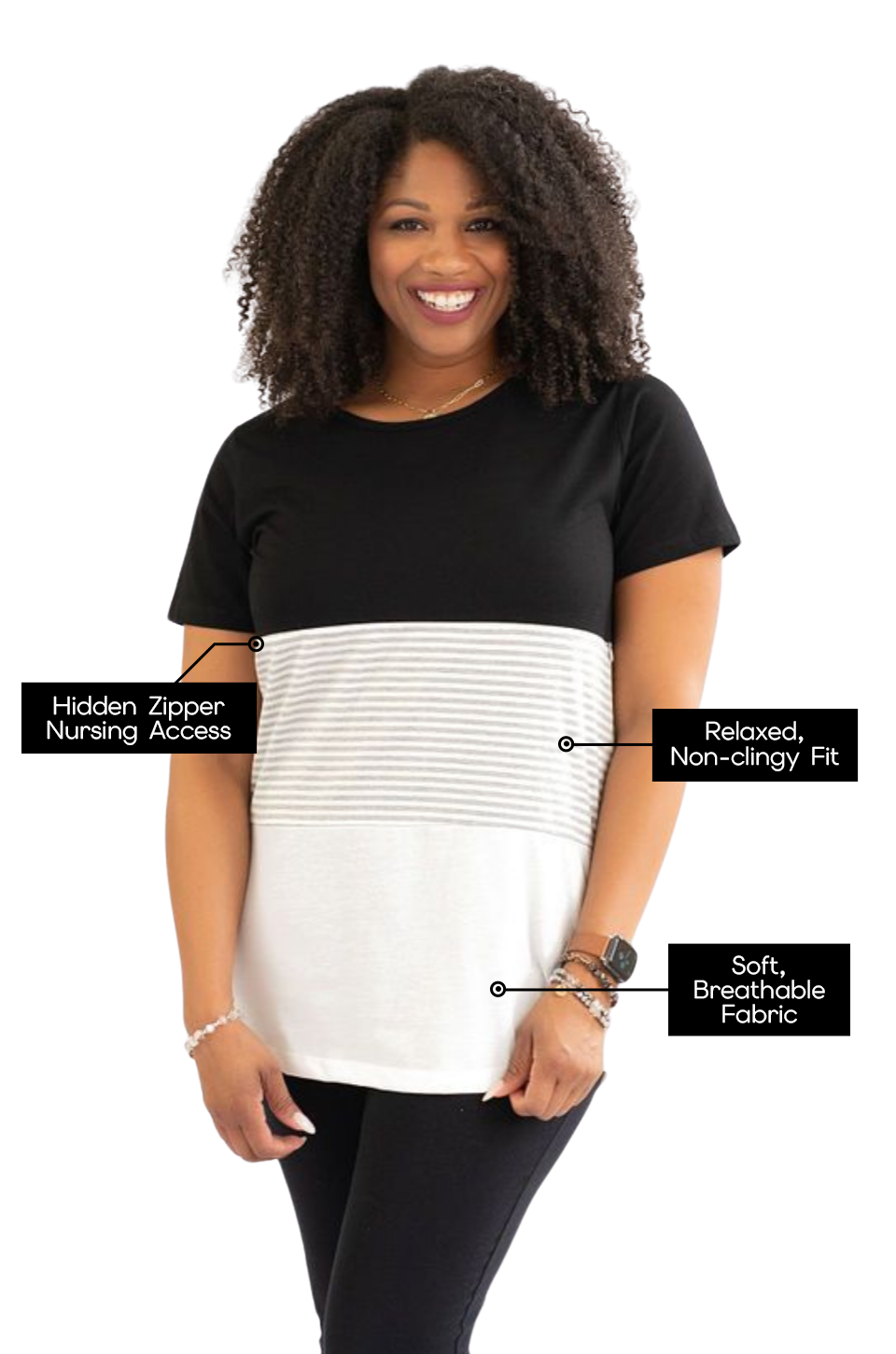 Breastfeeding mom wearing black and striped Nursing Queen top with hidden zipper nursing access, relaxed non-clingy fit, and soft breathable fabric highlighted.