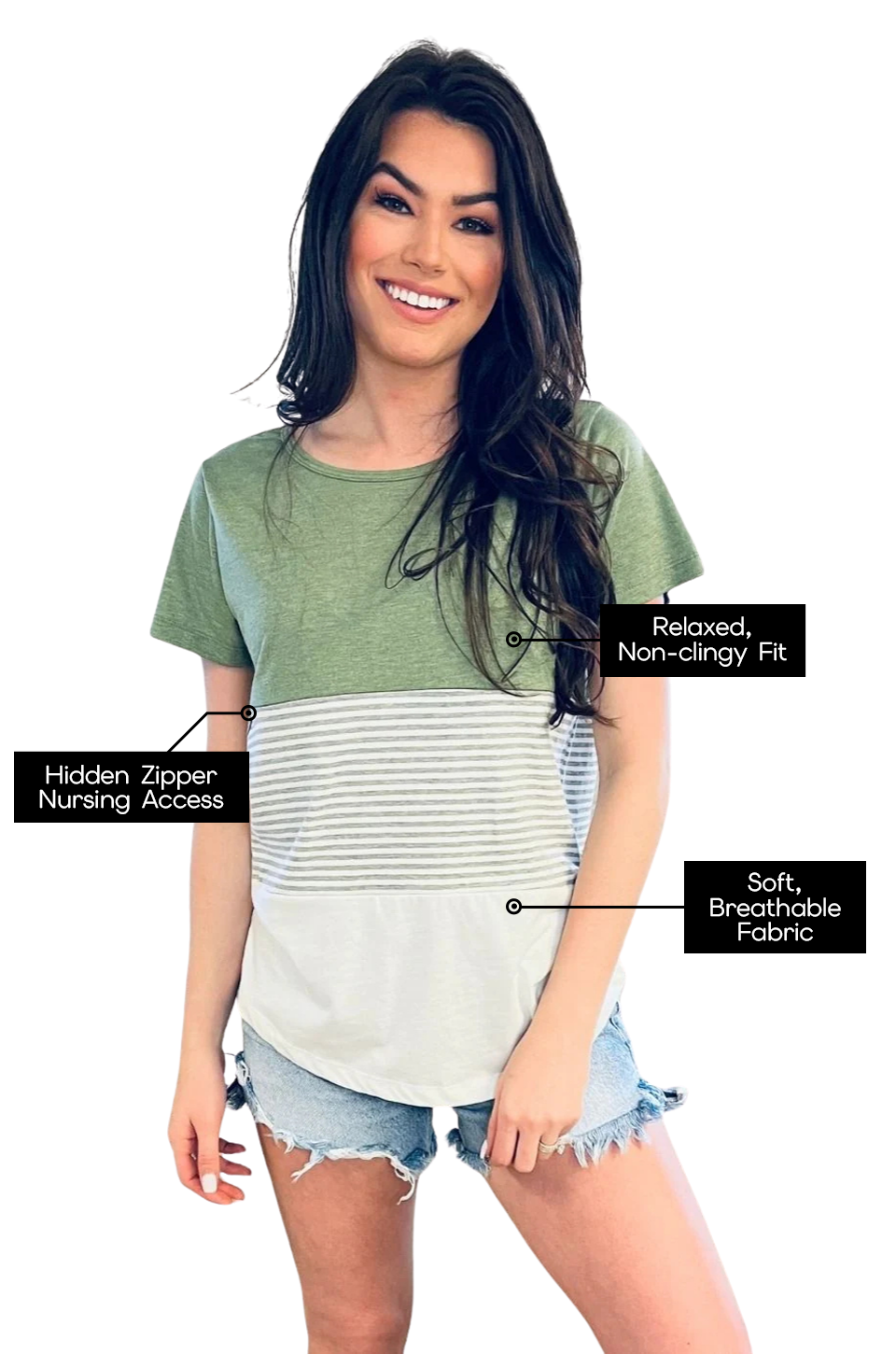 Breastfeeding mom wearing green and striped Nursing Queen top with hidden zipper nursing access, relaxed non-clingy fit, and soft breathable fabric highlighted.