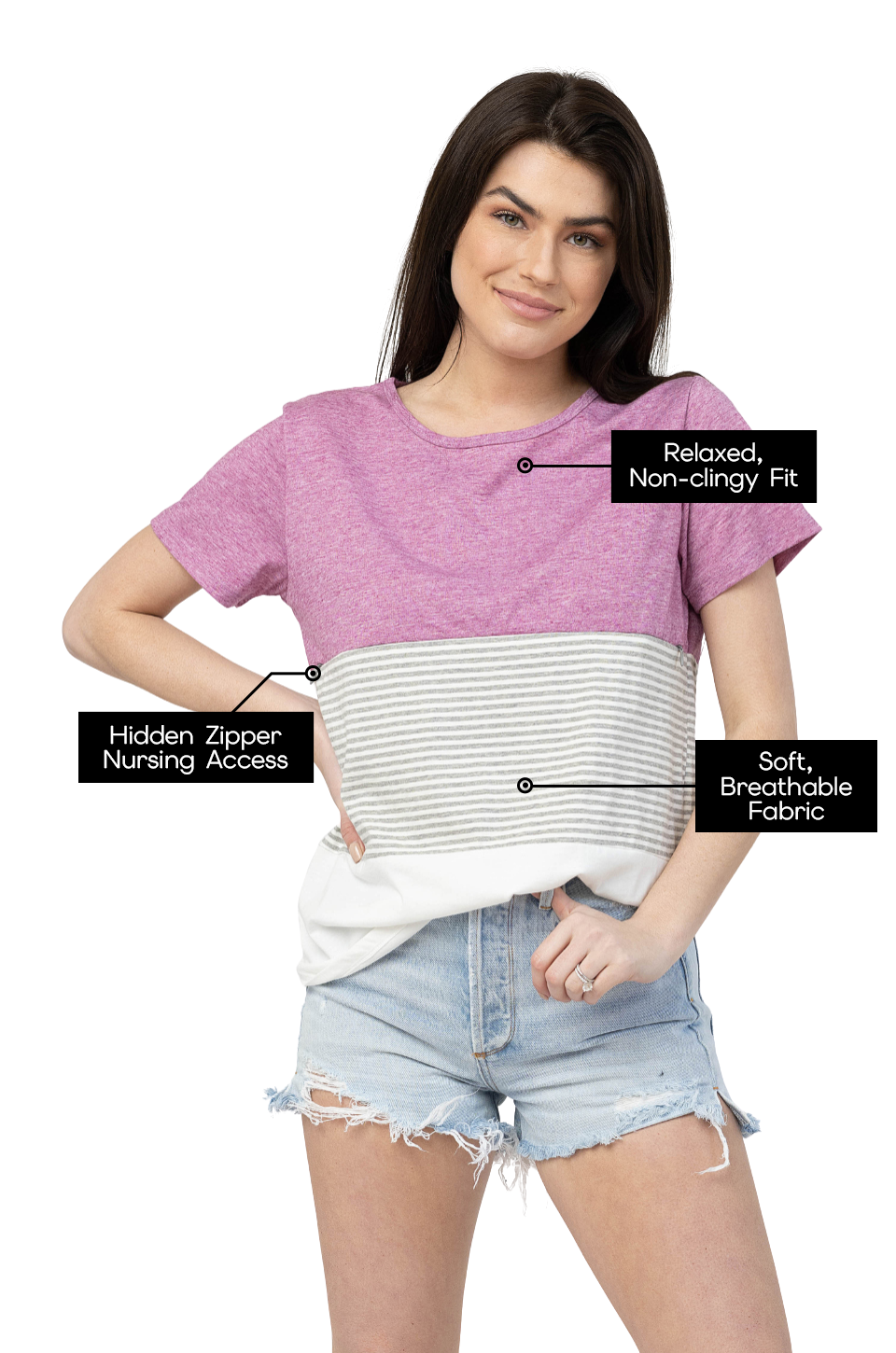 Breastfeeding mom wearing pink and striped Nursing Queen top with hidden zipper nursing access, relaxed non-clingy fit, and soft breathable fabric highlighted.