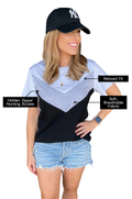 Woman wearing a chevron nursing tee  with text labels on a white background highlighting the features of this breastfeeding shirt. 