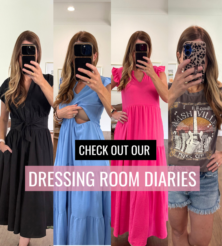 A four-panel mirror selfie collage showing a woman modeling different dresses in indoor settings, with overlaid text reading 'CHECK OUT OUR DRESSING ROOM DIARIES.' Because a person and real environment are present, this is Lifestyle rather than Product/Packaging.
