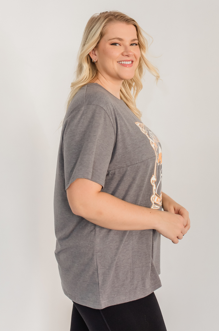 A side view shows a mom wearing the Nashville nursing graphic gray t-shirt with leggings, emphasizing easy movement and soft fabric.