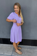 Lilac Nursing Queen Holy Grail nursing dress with discreet zipper access for breastfeeding, soft stretchy fabric and flowy silhouette